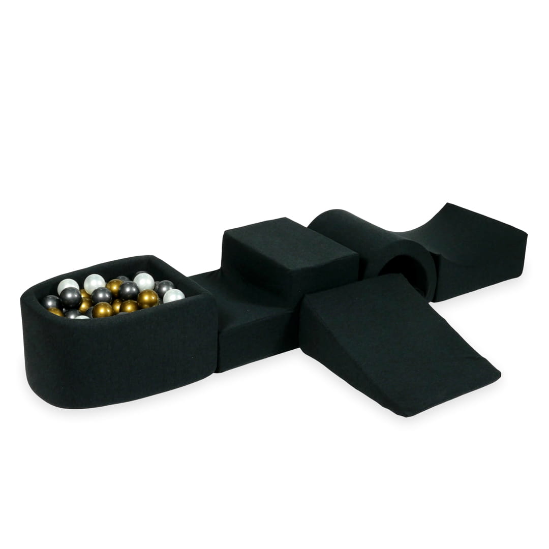 Aire de jeux en mousse avec pont et piscine micro graphite + 100 balles (vieil or, graphite métallique, perle)