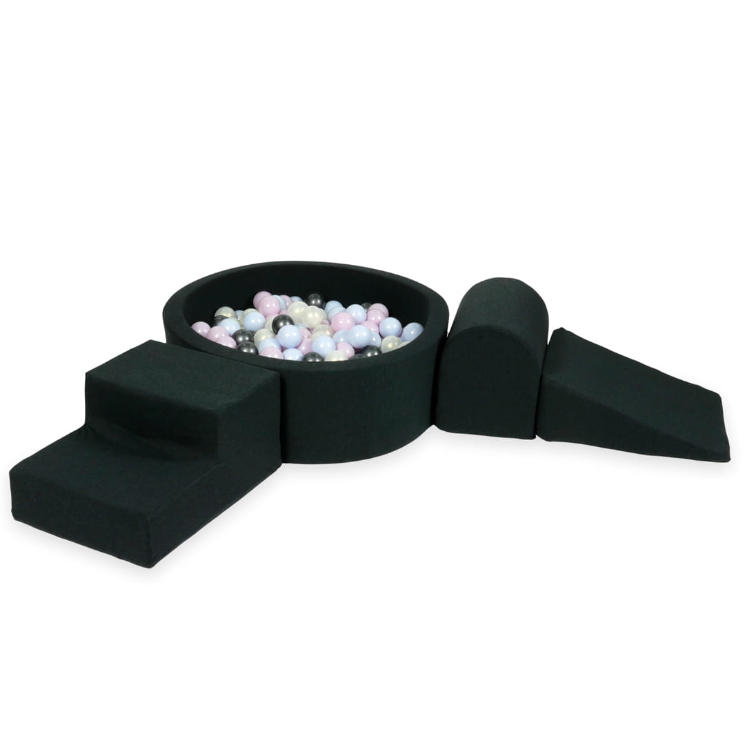 Aire de jeux en mousse avec piscine ronde 90x30 graphite + 200 balles (rose perle, bleu perle, graphite métallique, iridescent)