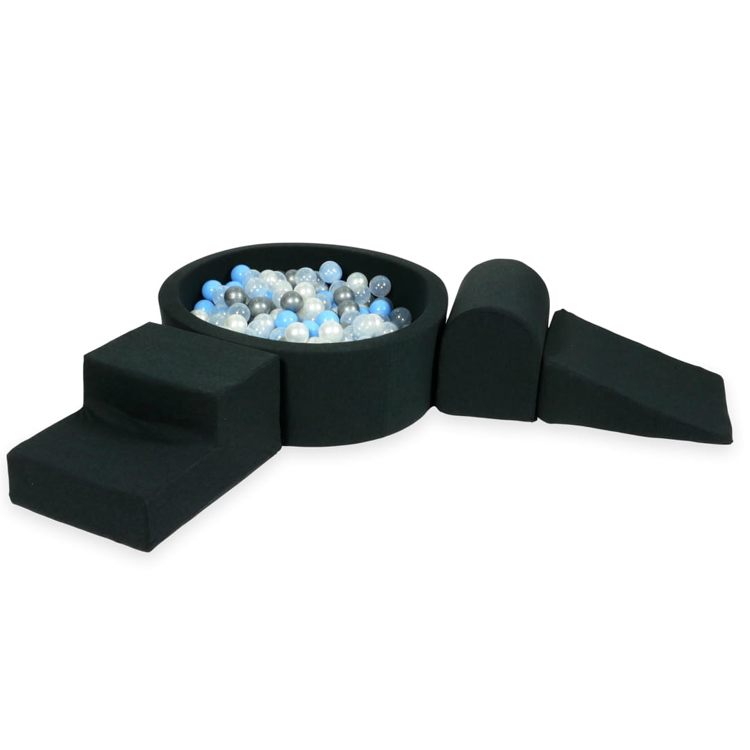 Aire de jeux en mousse avec piscine ronde 90x30 graphite + 200 balles (argent, bleu clair, perle, transparent)