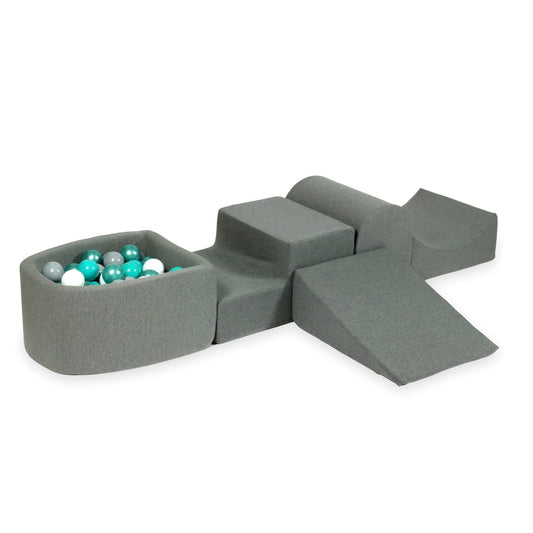 Aire de jeux en mousse avec colline et piscine micro gris + 100 balles (turquoise métallique, turquoise, gris, blanc)