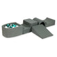Aire de jeux en mousse avec pont et piscine micro gris + 100 balles (turquoise métallique, turquoise, gris, blanc)