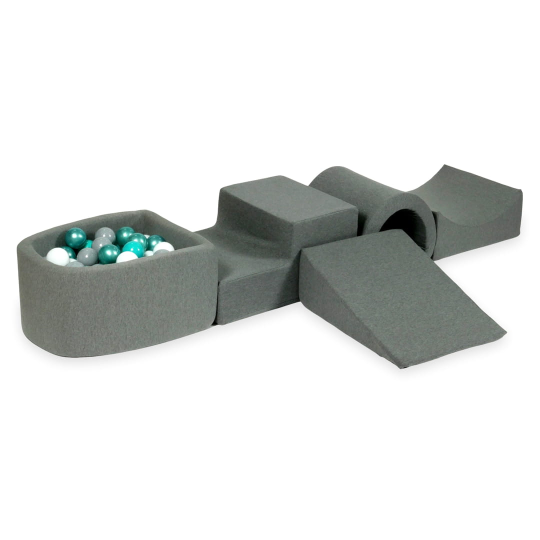 Aire de jeux en mousse avec pont et piscine micro gris + 100 balles (turquoise métallique, turquoise, gris, blanc)