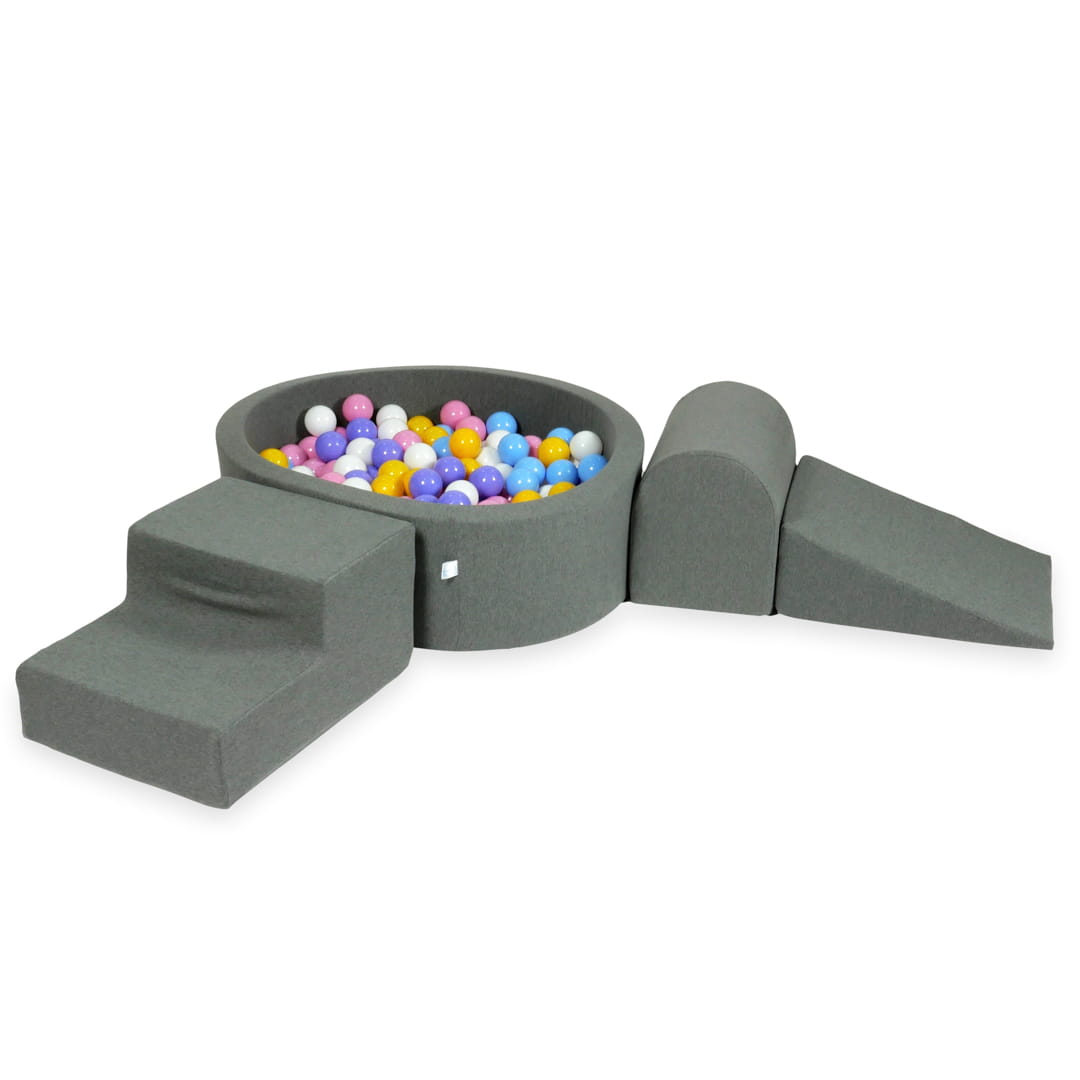 Aire de jeux en mousse avec piscine ronde 90x30 gris + 200 balles (bleu clair, jaune, bruyère, rose poudre, blanc)