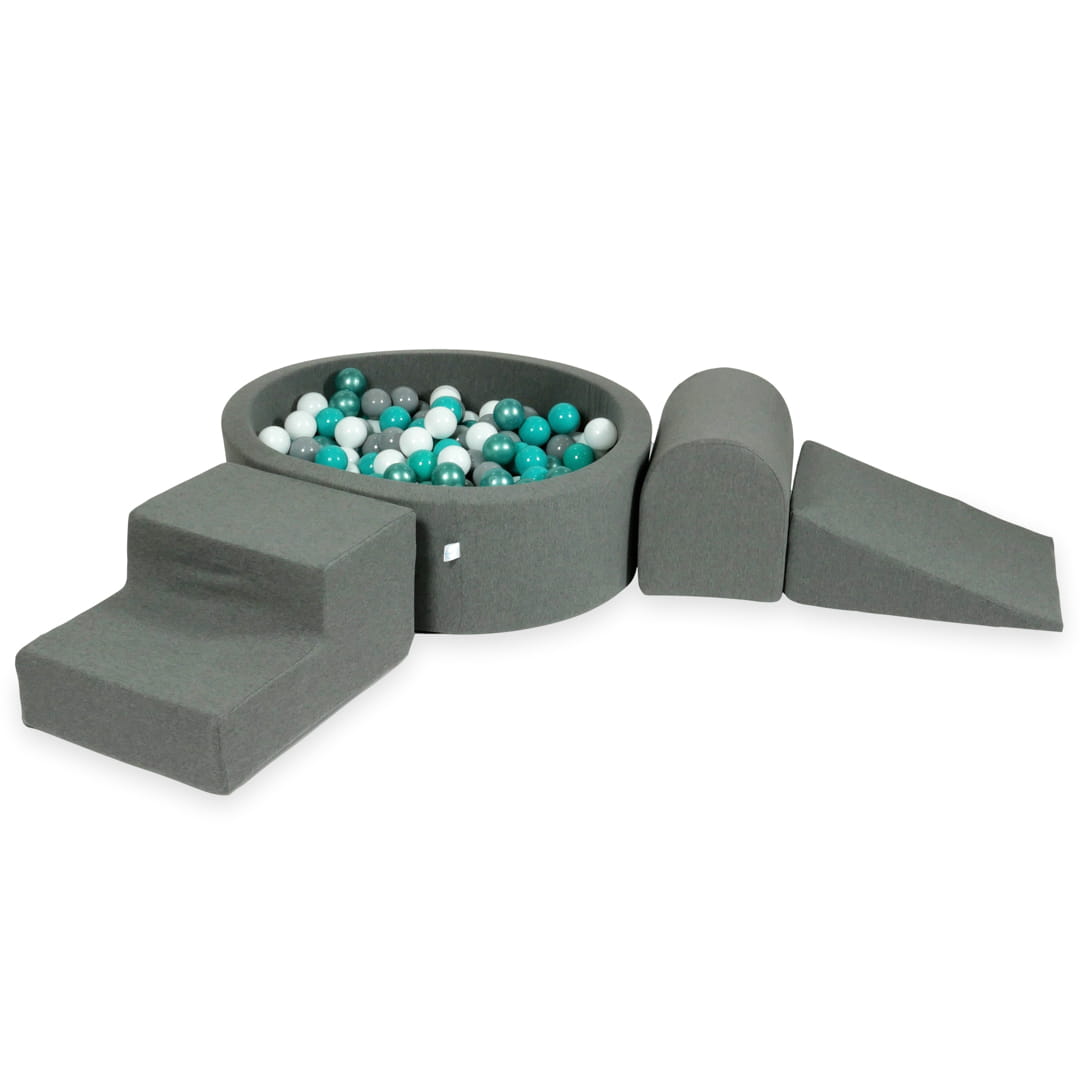 Aire de jeux en mousse avec piscine ronde 90x30 gris + 200 balles (turquoise métallique, turquoise, gris, blanc)