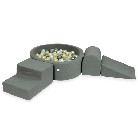 Aire de jeux en mousse avec piscine ronde 90x30 gris + 200 balles (or clair, perle, argent, transparent)