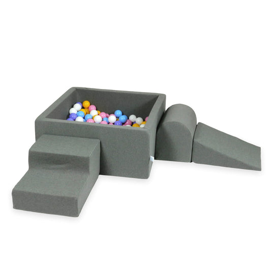 Aire de jeux en mousse avec piscine carrée 90x90x40 gris + 400 balles (bleu clair, jaune, bruyère, rose poudre, blanc)