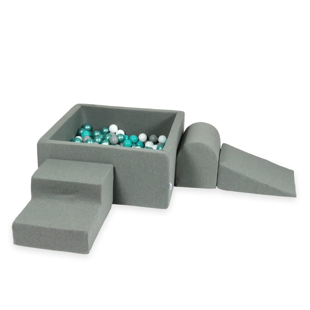 Aire de jeux en mousse avec piscine carrée 90x90x40 gris + 400 balles (turquoise métallique, turquoise, gris, blanc)