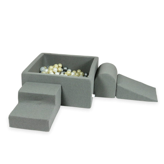 Aire de jeux en mousse avec piscine carrée 90x90x40 gris + 400 balles (or clair, perle, argent, transparent)
