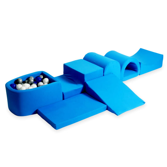 Plus grande aire de jeux en mousse avec piscine micro bleu + 100 balles (bleu, argent, blanc)