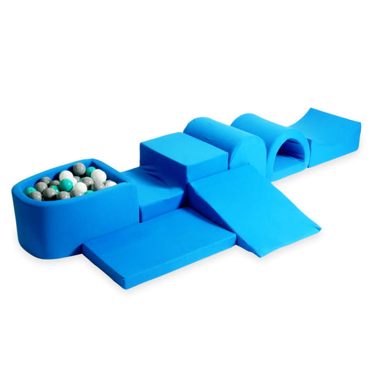 Plus grande aire de jeux en mousse avec piscine micro bleu + 100 balles (turquoise, blanc, gris)