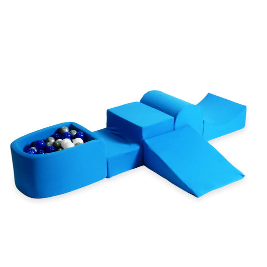 Aire de jeux en mousse avec colline et piscine micro bleu + 100 balles (bleu, argent, blanc)