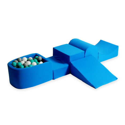 Aire de jeux en mousse avec colline et piscine micro bleu + 100 balles (turquoise, blanc, gris)