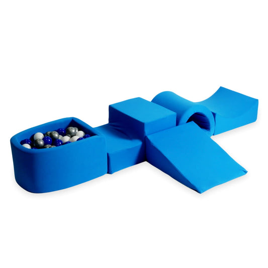 Aire de jeux en mousse avec pont et piscine micro bleu + 100 balles (bleu, argent, blanc)