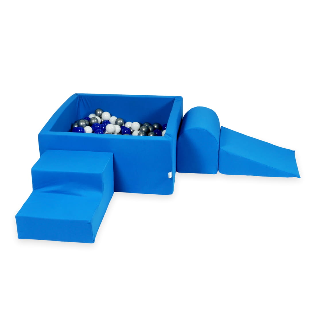 Aire de jeux en mousse avec piscine carrée 90x90x40 bleu + 400 balles (bleu, argent, blanc)