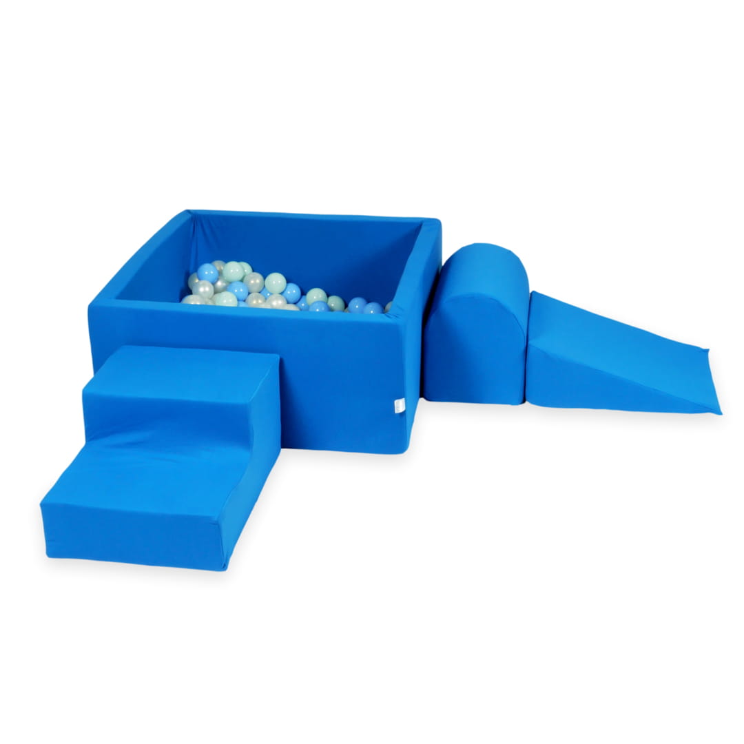 Aire de jeux en mousse avec piscine carrée 90x90x40 bleu + 400 balles (bleu clair, menthe claire, perle, iridescent)