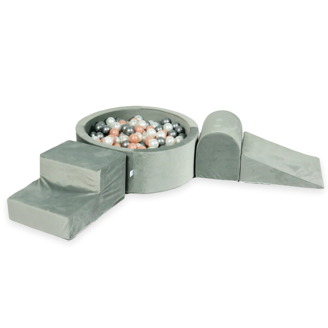 Aire de jeux en mousse avec piscine ronde 90x30 velvet gris + 200 balles (argent, perle, or rose)