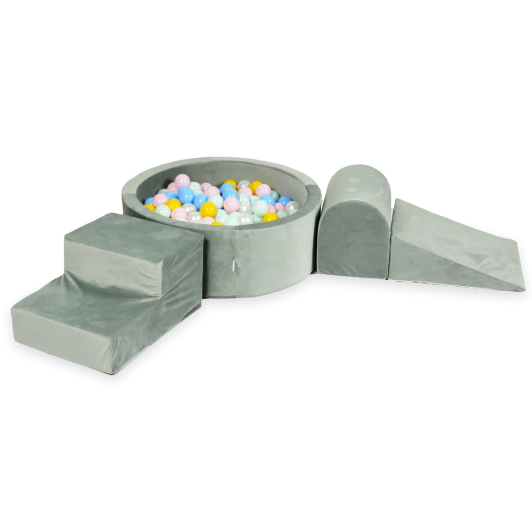 Aire de jeux en mousse avec piscine ronde 90x30 velvet gris + 200 balles (menthe claire, rose clair, bleu clair, perle, jaune)