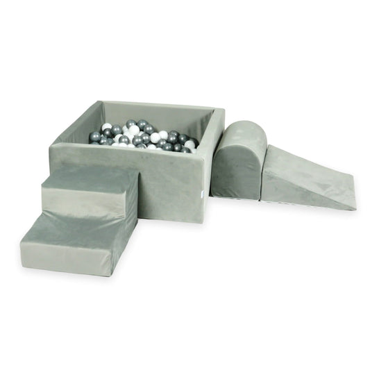 Aire de jeux en mousse avec piscine carrée 90x90x40 velvet gris + 400 balles (blanc, argent)