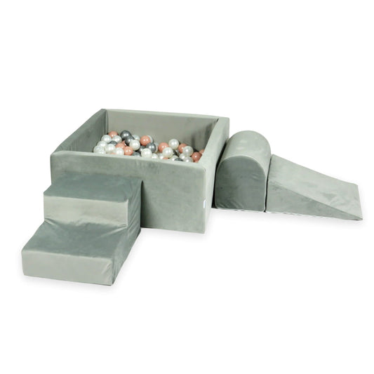 Aire de jeux en mousse avec piscine carrée 90x90x40 velvet gris + 400 balles (argent, perle, or rose)
