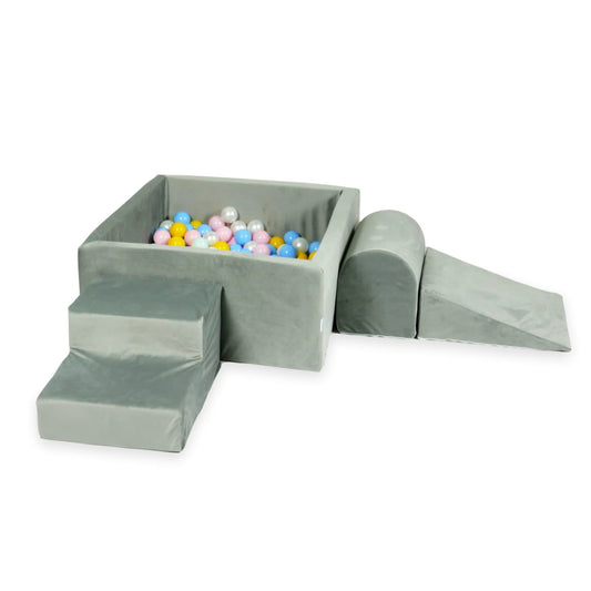 Aire de jeux en mousse avec piscine carrée 90x90x40 velvet gris + 400 balles (menthe claire, rose clair, bleu clair, perle, jaune)