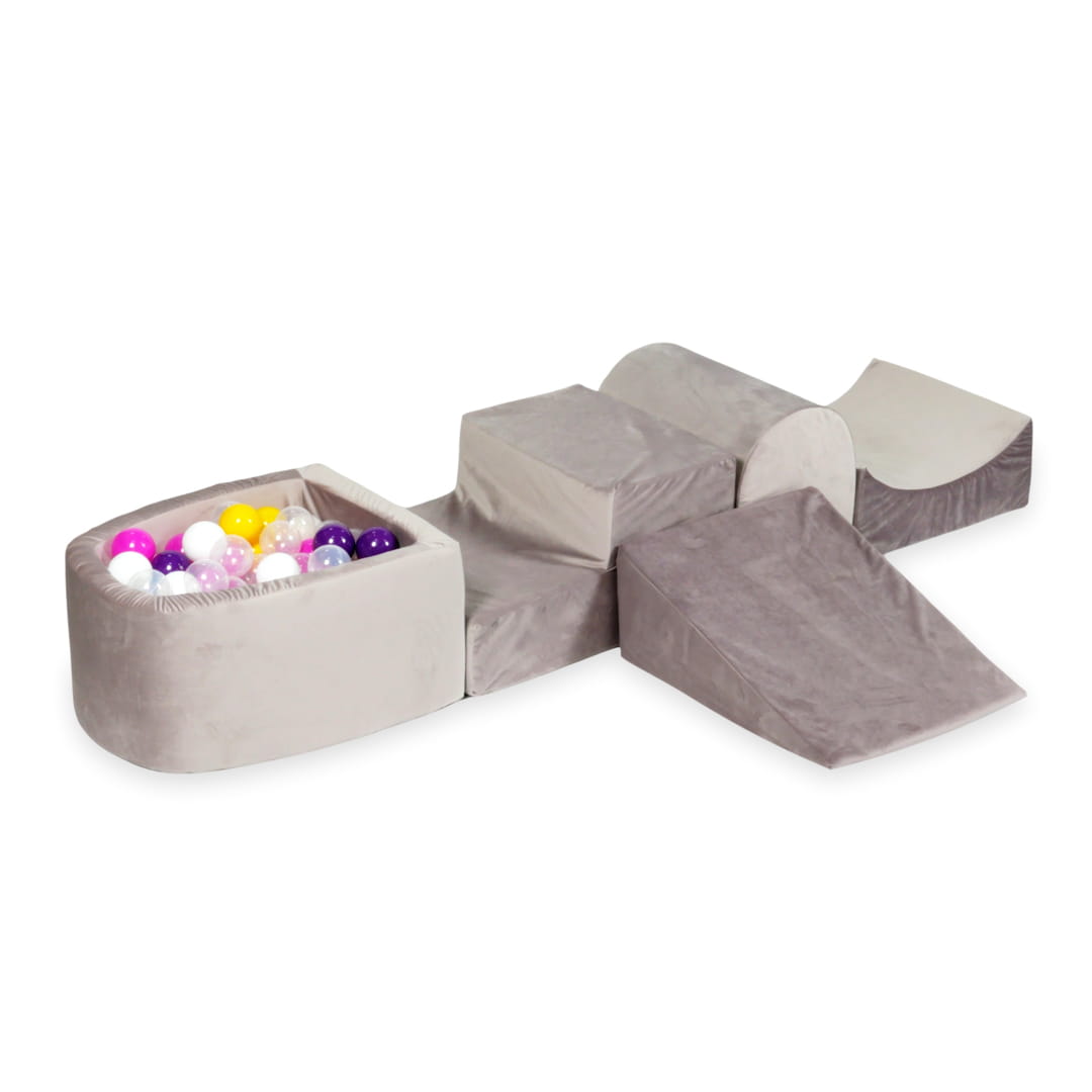 Aire de jeux en mousse avec colline et piscine micro velvet lilac + 100 balles (violet, rose, jaune, blanc, transparent)
