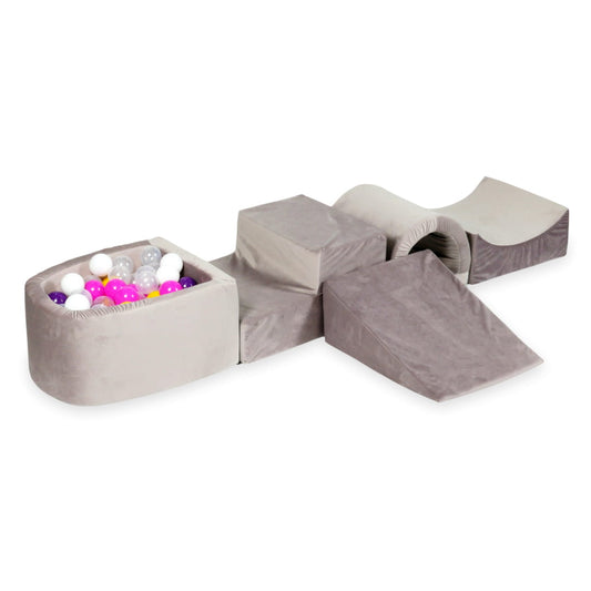 Aire de jeux en mousse avec pont et piscine micro velvet lilac + 100 balles (violet, rose, jaune, blanc, transparent)