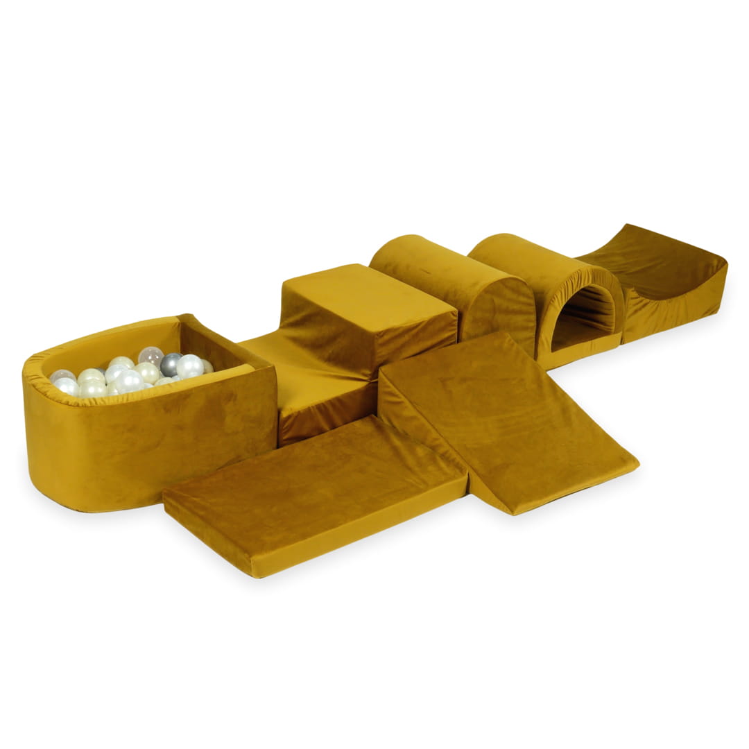 Plus grande aire de jeux en mousse avec piscine micro velvet or + 100 balles (or clair, perle, argent, transparent)