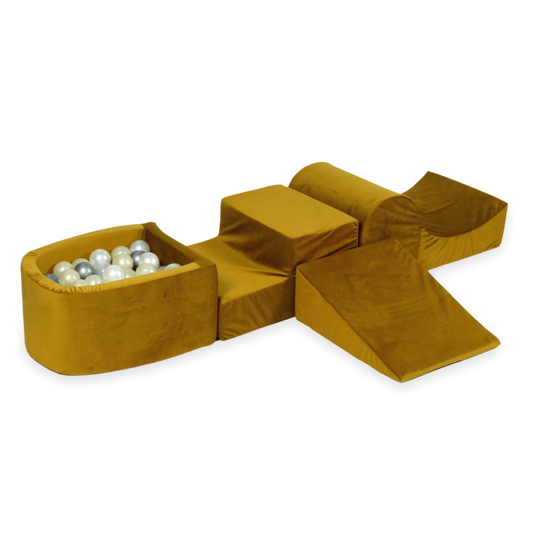Aire de jeux en mousse avec colline et piscine micro velvet or + 100 balles (or clair, perle, argent, transparent)