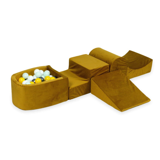 Aire de jeux en mousse avec colline et piscine micro velvet or + 100 balles (jaune, menthe claire, graphite métallique, blanc)
