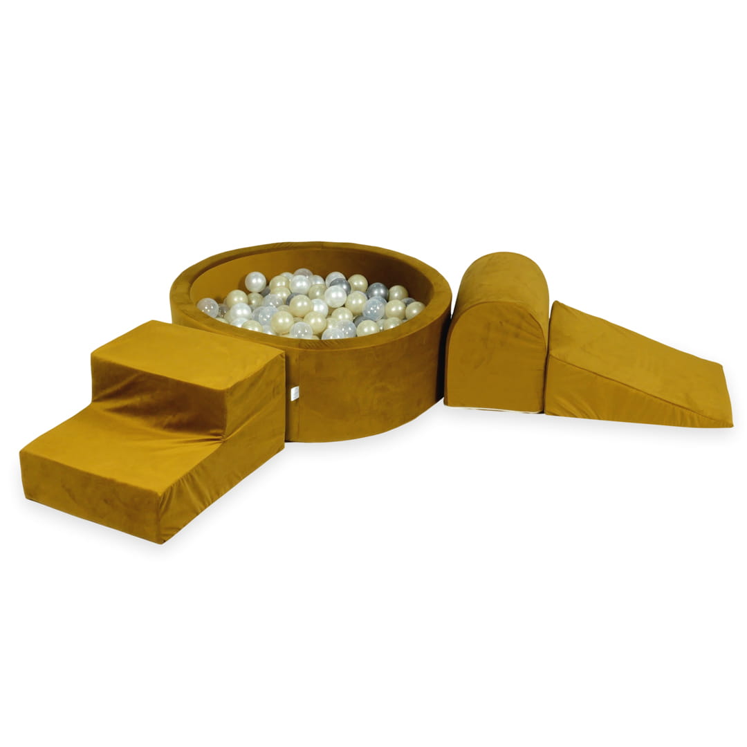 Aire de jeux en mousse avec piscine ronde 90x30 velvet or + 200 balles (or clair, perle, argent, transparent)