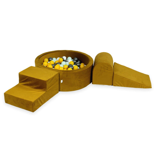 Aire de jeux en mousse avec piscine ronde 90x30 velvet or + 200 balles (jaune, menthe claire, graphite métallique, blanc)