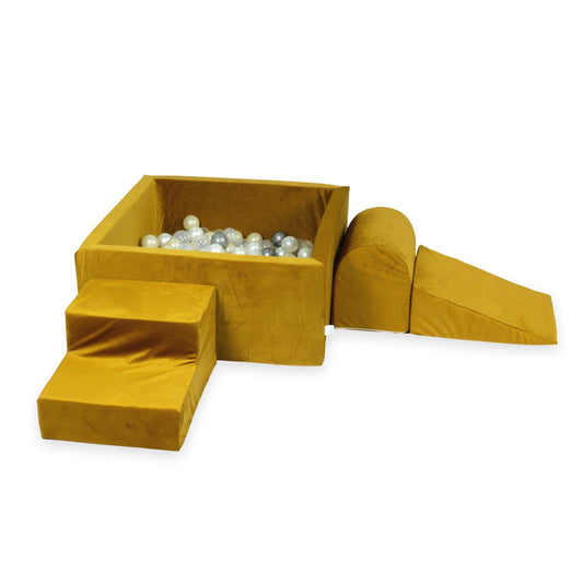 Aire de jeux en mousse avec piscine carrée 90x90x40 velvet or + 400 balles (or clair, perle, argent, transparent)