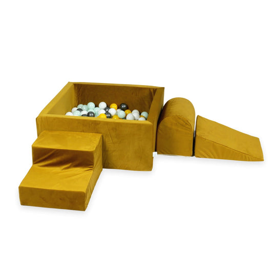 Aire de jeux en mousse avec piscine carrée 90x90x40 velvet or + 400 balles (jaune, menthe claire, graphite métallique, blanc)