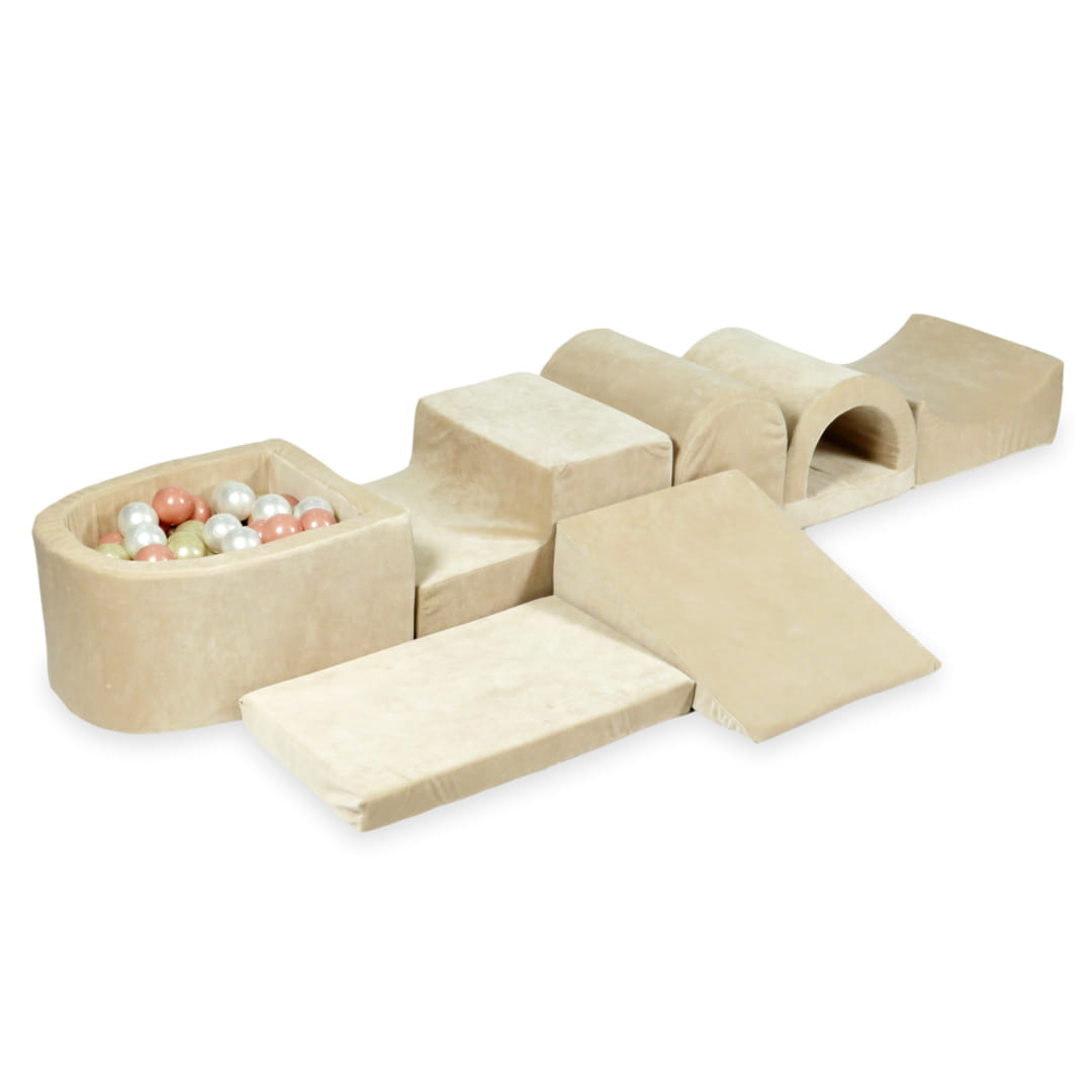 Plus grande aire de jeux en mousse avec piscine micro velvet soft beige + 100 balles (or rose, or clair, perle)
