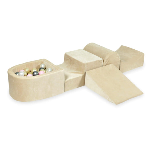 Aire de jeux en mousse avec colline et piscine micro velvet soft beige + 100 balles (rose clair, or clair, perle, argent)