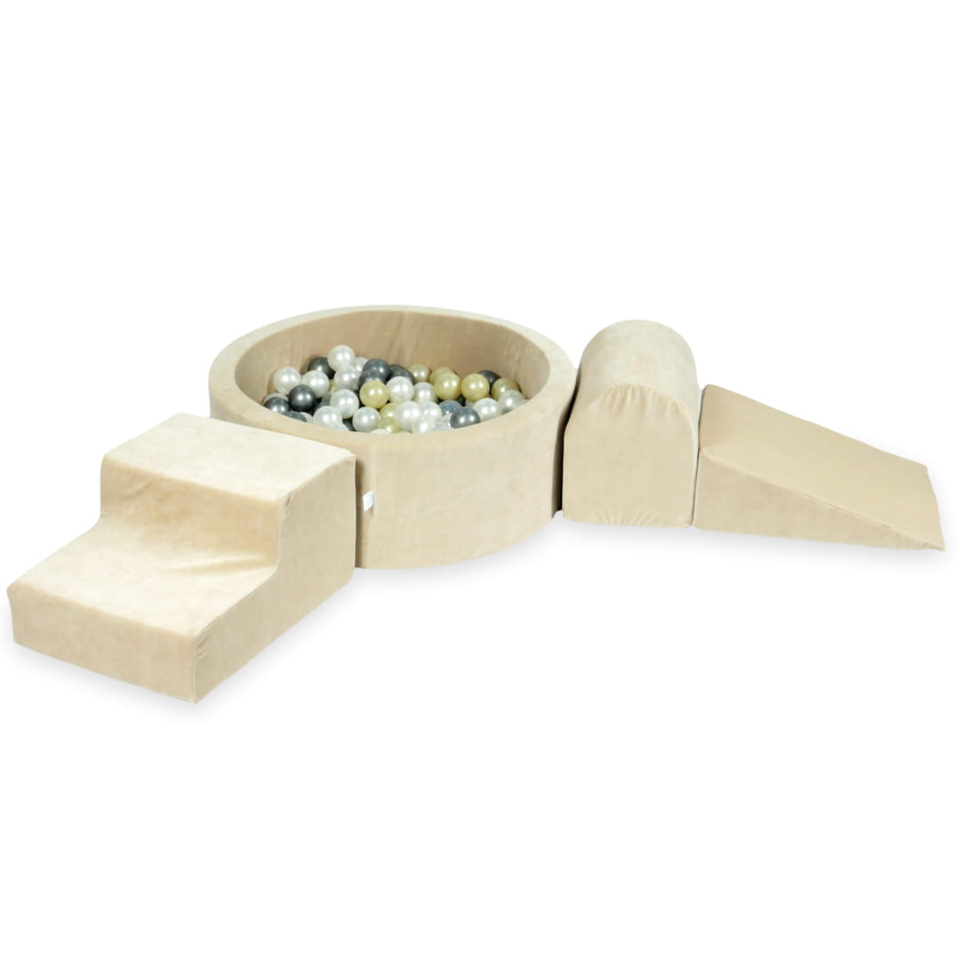 Aire de jeux en mousse avec piscine ronde 90x30 velvet soft beige + 200 balles (or clair, argent, perle, transparent)