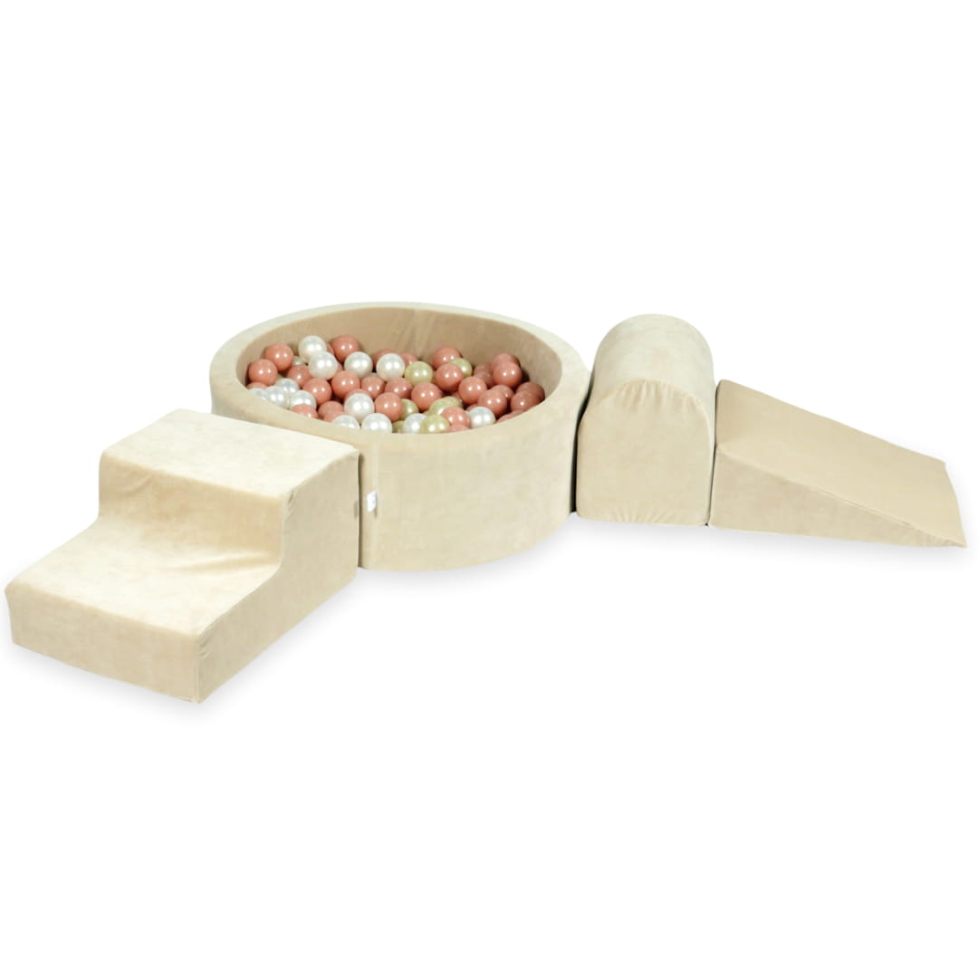 Aire de jeux en mousse avec piscine ronde 90x30 velvet soft beige + 200 balles (or rose, or clair, perle)