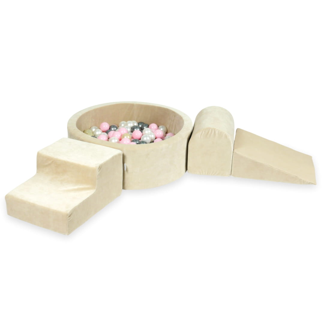 Aire de jeux en mousse avec piscine ronde 90x30 velvet soft beige + 200 balles (rose clair, or clair, perle, argent)