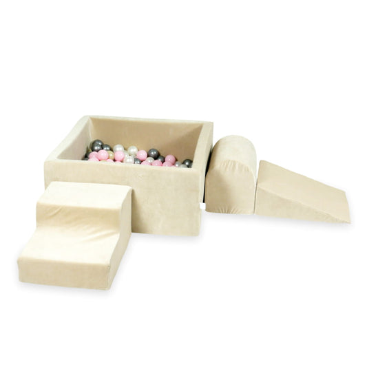 Aire de jeux en mousse avec piscine carrée 90x90x40 velvet soft beige + 400 balles (rose clair, or clair, perle, argent)