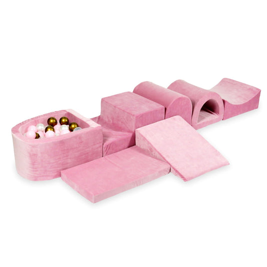 Plus grande aire de jeux en mousse avec piscine micro velvet soft rose + 100 balles (vieil or, rose clair, perle, transparent)
