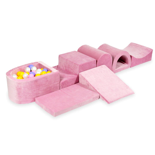 Plus grande aire de jeux en mousse avec piscine micro velvet soft rose + 100 balles (bruyère, jaune, rose poudre, perle)
