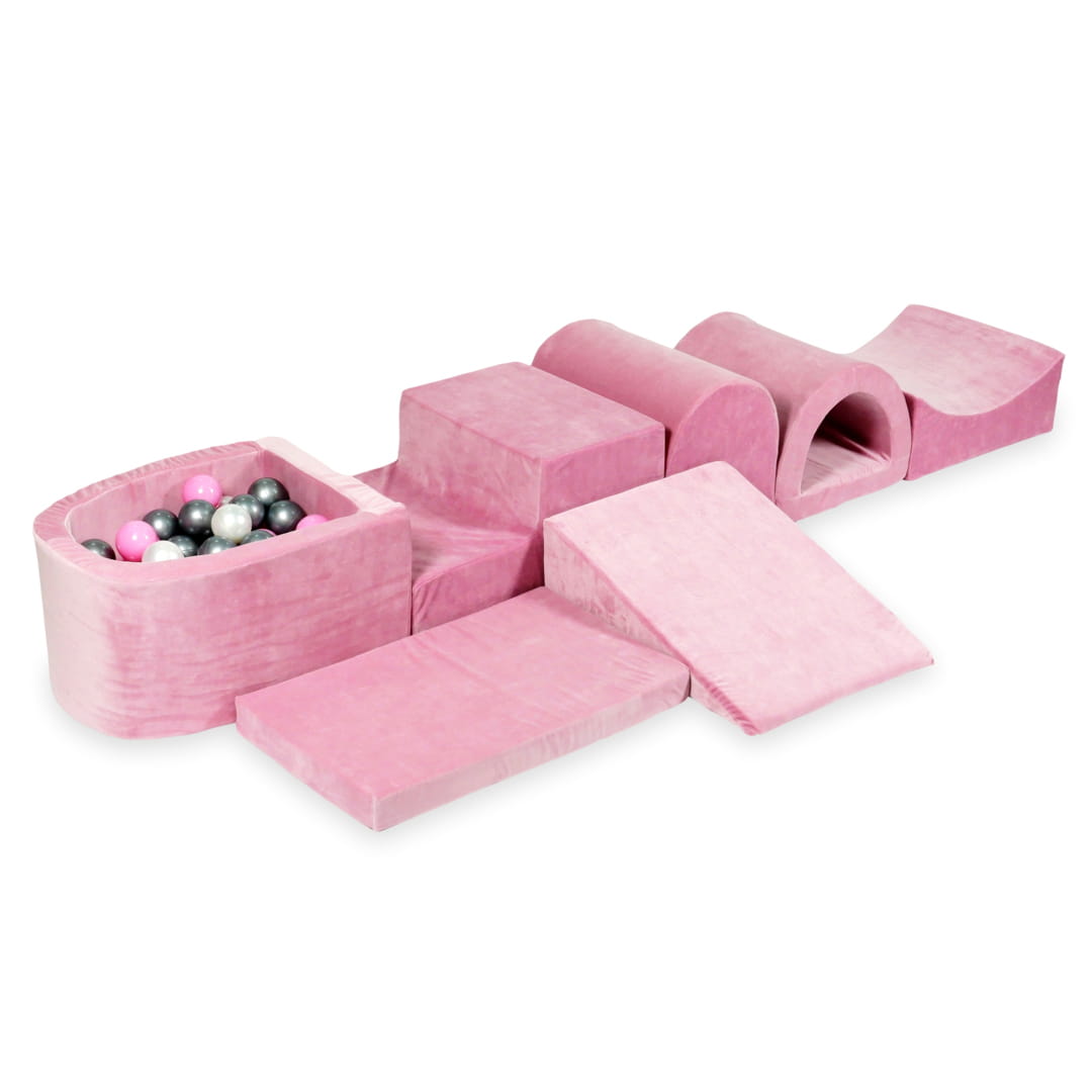 Plus grande aire de jeux en mousse avec micro piscine velvet soft rose + 100 balles (perle, argent, rose poudré)