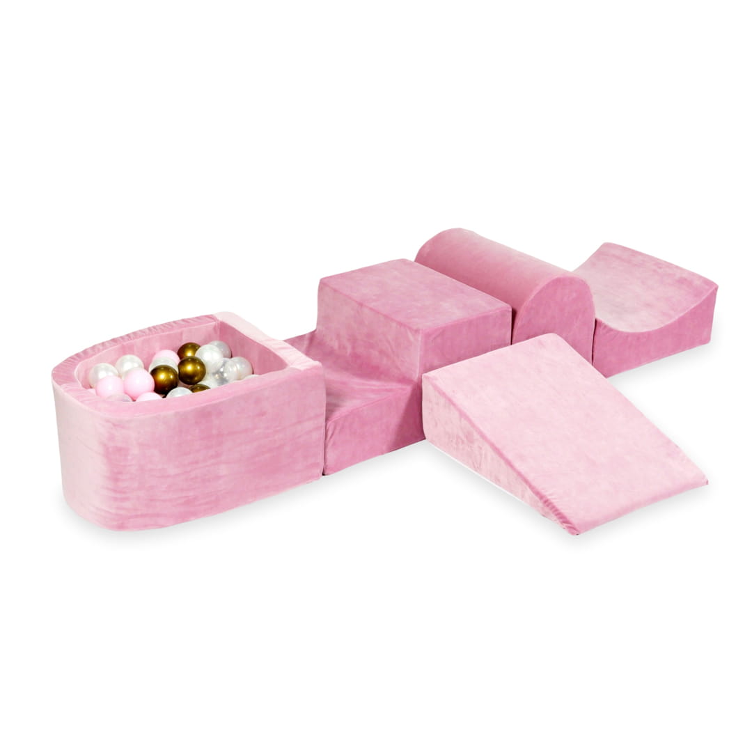 Aire de jeux en mousse avec colline et piscine micro velvet soft rose + 100 balles (vieil or, rose clair, perle, transparent)