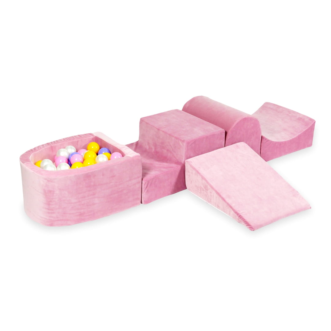 Aire de jeux en mousse avec colline et piscine micro velvet soft rose + 100 balles (bruyère, jaune, rose poudre, perle)