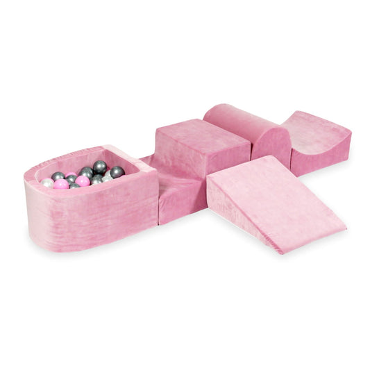 Aire de jeux en mousse avec colline et piscine micro velvet soft rose + 100 balles (perle, argent, rose poudré)
