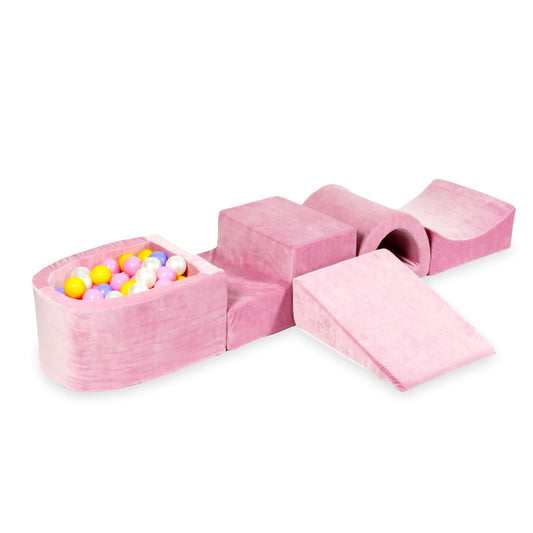 Aire de jeux en mousse avec pont et piscine micro velvet soft rose + 100 balles (bruyère, jaune, rose poudre, perle)