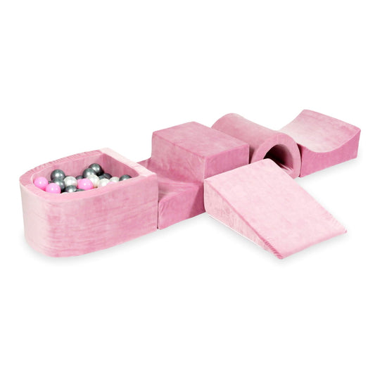 Aire de jeux en mousse avec pont et piscine micro velvet soft rose + 100 balles (perle, argent, rose poudré)