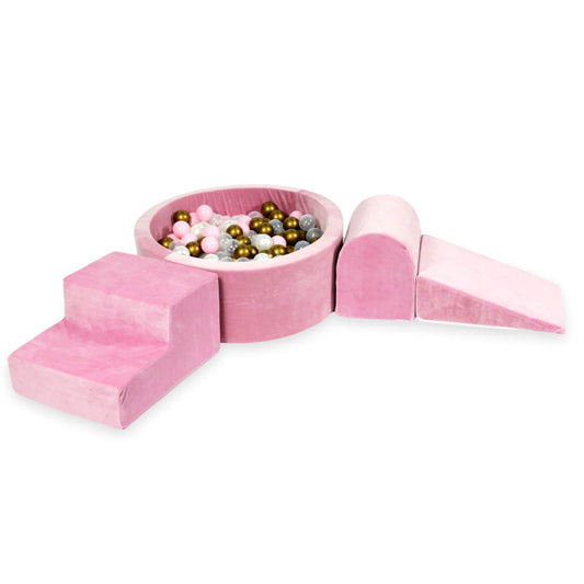 Aire de jeux en mousse avec piscine ronde 90x30 velvet soft rose + 200 balles (vieil or, rose clair, perle, transparent)