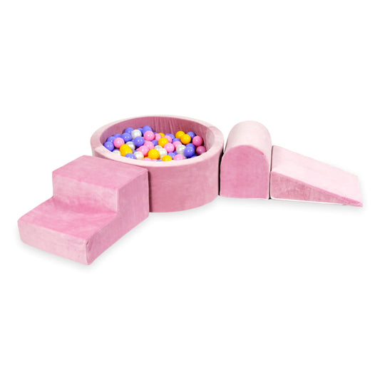 Aire de jeux en mousse avec piscine ronde 90x30 velvet soft rose + 200 balles (bruyère, jaune, rose poudre, perle)