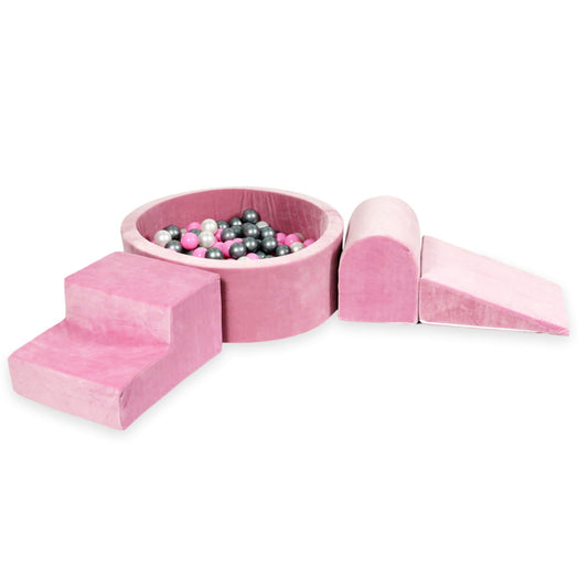 Aire de jeux en mousse avec piscine ronde 90x30 velvet soft rose + 200 balles (perle, argent, rose poudré)